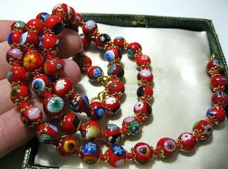 Lovely Red Millefiori Venetian Murano Glass Bead Long Vintage Style NECKLACE 5