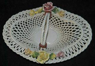 Vintage Bassano Lattice Rope Weaved Ceramic Basket,  Rose Trimmed,  Italy