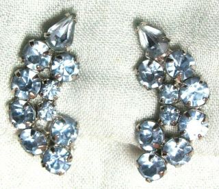 Vintage Classic Silver Tone Blue Color Crystal Clip On Earrings