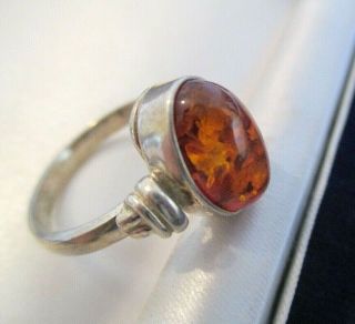 Vintage Solid Sterling Silver Cabochon Amber Ring Size M 1/2