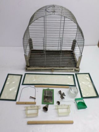 Vintage Metal Wire Bird Cage W/ Accessories