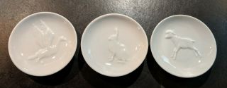 3 Vintage Kpm Berlin White Porcelain Pin Dishes W/half Relief - Duck,  Lamb,  Hare