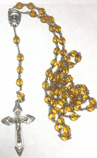 Vintage Sterling Silver 30” Long Rosary Amber Crystal By Dean