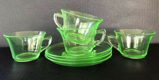 Vintage Green Depression Vaseline Uranium Glass Cups & Saucers Cambridge Glass