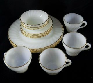 15 Piece Vintage Anchor Hocking Fire King White Golden Shell Plates Cups Saucers