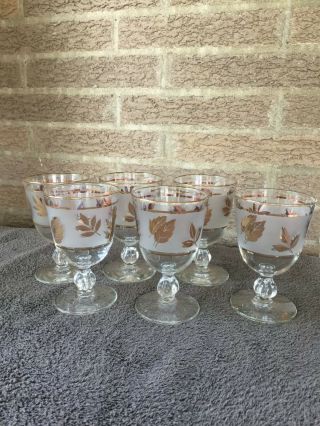 6 Vintage Libbey Mcm Frosted Gold Leaf Wine Glasses/ Water Goblets Rare Gold