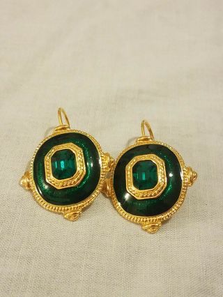 Vintage Emerald Green Color Gold Tone Pierced Earrings Signed Berebi