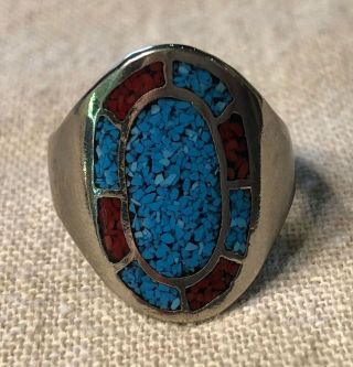 Vtg Sterling Silver Native American Turquoise & Coral Chip Inlay Ring - - Sz 10.  75