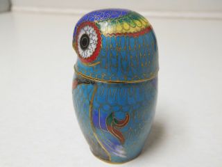 Vintage Brass Cloisonne Enamel Owl Bird Trinket Jewelry Coin Jar Secret Box 2