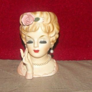 Vintage 1961 4 1/2  Inarco Lady Head Vase E - 193/s W/earrings Necklace Rose