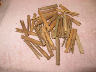35 Vintage Weathered Hard Wood One - Piece Round Clothes Pins