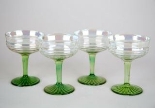 Anchor Hocking Circle Green Iridescent Champagne Glasses Set 4 Vintage Stemware