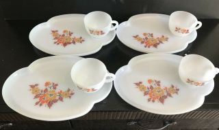 Vintage Milk Glass Snack Plates / Tray And Cup,  Set Of 4 Orange Yellow Flower