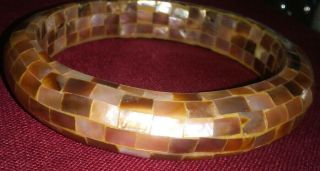 Vintage Mother Of Pearl Mop Inlay Chunky Bangle Bracelet