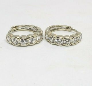Vintage 14k White Gold Small Hoops Earrings With Cz Stones.
