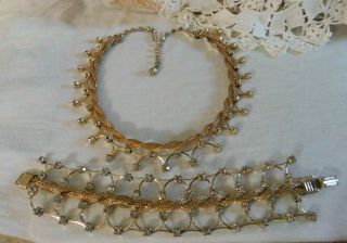 Vintage Clear Crystal Rhinestone,  Gold Necklace And Wide Bracelet Set Of 2