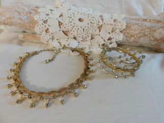 Vintage Clear Crystal Rhinestone,  Gold Necklace and Wide Bracelet Set of 2 2