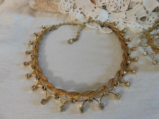 Vintage Clear Crystal Rhinestone,  Gold Necklace and Wide Bracelet Set of 2 3
