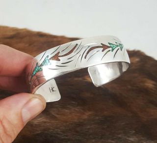 Vtg 1970s Navajo Herman Coan Sterling Silver Turquoise Coral Inlay Cuff Bracelet
