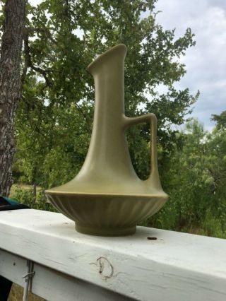 Vtg 10” Hyalyn Pottery Mid Century Green Vase Handle 472 Dream Of Jeanie Style