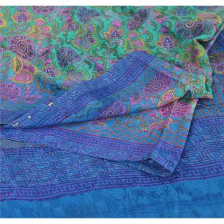 Sanskriti Vintage Green Saree 100 Pure Crepe Silk Printed Sari Craft Fabric