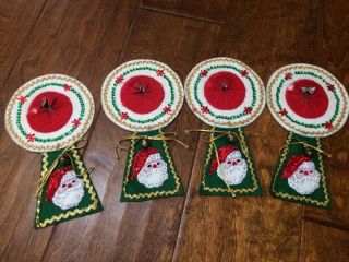 4 Bucilla Felt Santa Doorknob Covers Sequin Jingle Bell Ribbon Completed Vintage