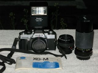 Vintage Minolta Xg - M 35mm Slr Camera With 2 Lenses,  Flash And Case