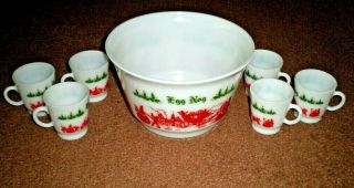 Vintage Hazel Atlas Christmas Egg Nog Punch Bowl Set,  Tom & Jerry Bowl And Cups
