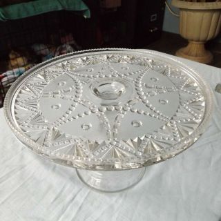 Vintage Eapg Cake Stand Plate Beaded Star Sawtooth Rim Depression Glass
