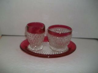 Vintage Indiana Glass Ruby Flash Diamond Point Set Creamer Sugar Bowl Tray 1960s