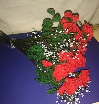Stunning Vintage Hand Beaded French Roses Flowers Bouquet 22pc Glass Beads Heavy 2