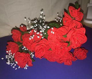 Stunning Vintage Hand Beaded French Roses Flowers Bouquet 22pc Glass Beads Heavy 6