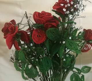 Stunning Vintage Hand Beaded French Roses Flowers Bouquet 22pc Glass Beads Heavy 8