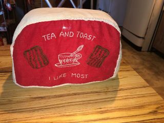 Vtg Embroidered Cotton Red/white 2 Slot Toaster Cover,  Tea And Toast I Like Most