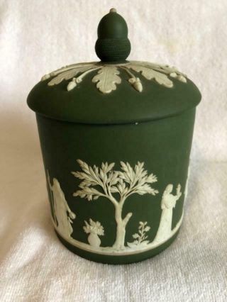 Vintage Dark Green & White Wedgewood Jasperware 6 1/2 " T Biscuit Jar W/ Lid