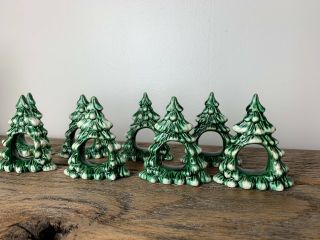 Vintage Set Of 8 Flocked Christmas Tree Ceramic Napkin Rings Holders 3x3”