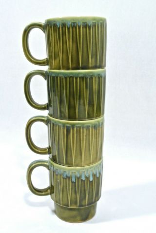 Vintage Mcm Stacking Ceramic Mugs Green Drip Glaze Triangle Coffee Cups