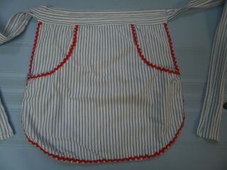 Vintage Half Apron Small Round Blue/white Stripes Red Rick Rack Trim Handcrafted