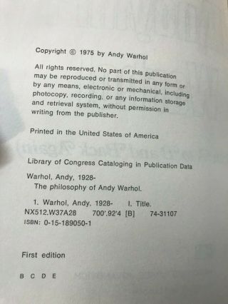 The Philosophy of Andy Warhol - Signed/Inscribed by Andy Warhol First Edition 3