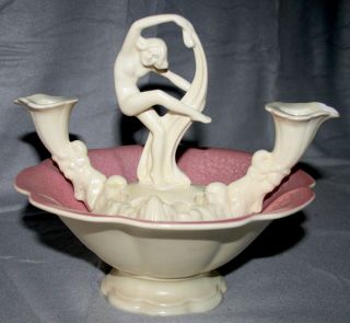 Vintage Cowan Pottery Art Deco Nude Scarf Dancer Pavlova Flower Frog & Bowl