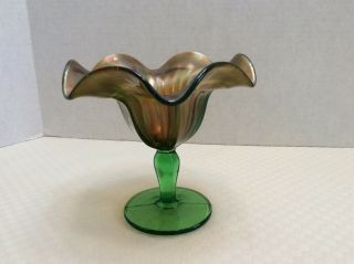 Vintage Northwood Green Carnival Glass Ruffled Smooth Rays Compote Underlined N