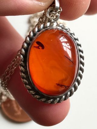 Vintage 925 Solid Silver And Cognac Amber Oval Pendant On 22 Inch Silver Chain