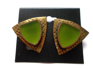 Vintage Artisan Modernist Green Laminated Lucite Brass Copper Pierced Earrings