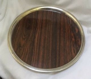 Vintage Sheffield Silverplate & Formica Round Faux Wood Serving Bar Tray Mcm Usa