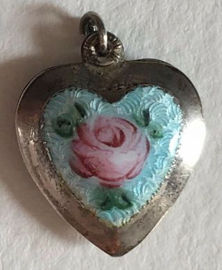 Vintage Sterling Silver Puffy Heart Charm - Blue Enamel & Pink Rose