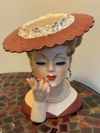 Vintage 1958 Napco Lady Head Vase C33078 Pearl Earrings & Necklace