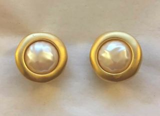 Vintage Givenchy Gold Tone Faux Pearl Clip On 1 " Button Earrings Signed