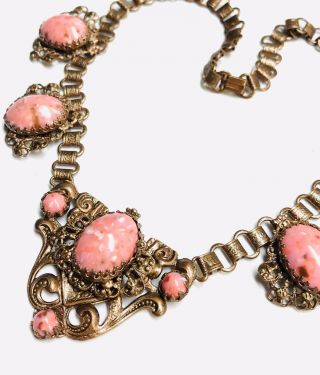 Vintage Bookchain Coral Cabochon Necklace ; Very Ornate