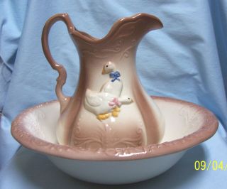 Vintage Ironstone 1890 England Pitcher And Wash Basin In Brown With Two Ducks