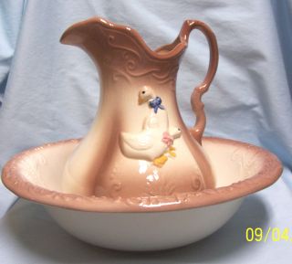 Vintage Ironstone 1890 England Pitcher and Wash Basin in Brown with two Ducks 2